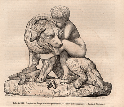 Illustration from the Magasin pittoresque, 1853 of Newfoundland Dog Saving a child from a snake