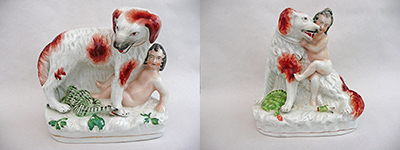 Porcelain figurines with images of Newfoundland Dog Saving a child from a snake
